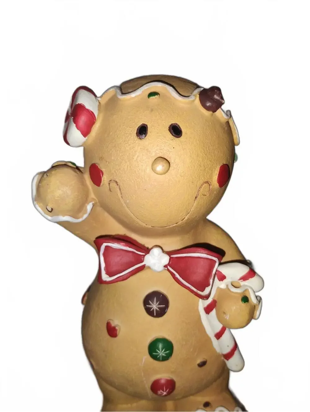 Gingerbread Man Holiday Figurine with Candy Cane and Red Bow